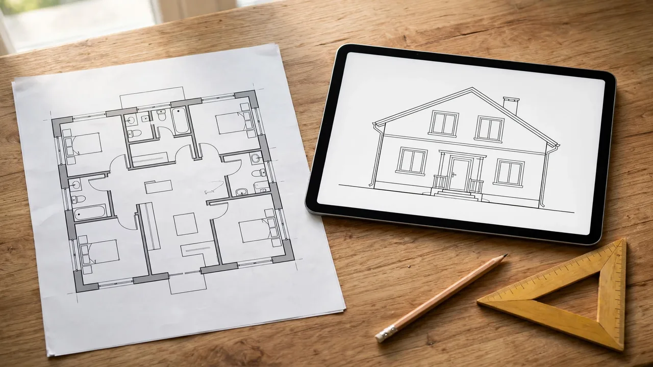 2D Plan to Elevation AI: Turn a Floor Plan Into Facade Views 2 A floor plan beside the front elevation of the same house, showing how one becomes the other