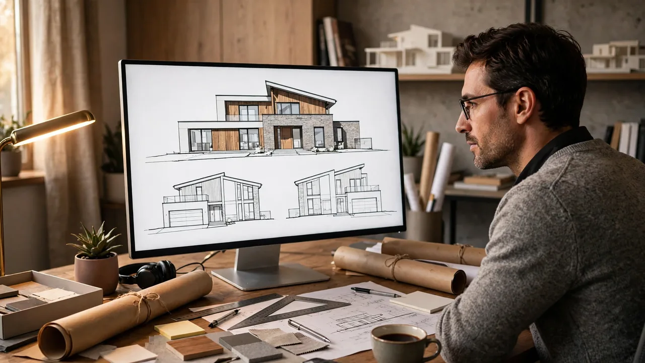 2D Plan to Elevation AI: Turn a Floor Plan Into Facade Views 3 An architect reviewing elevation drawings of a house on a large screen