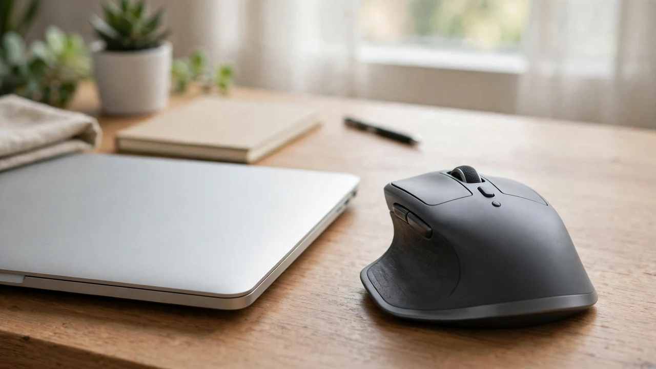 Wireless ergonomic mouse with an extra button below the scroll wheel on a desk