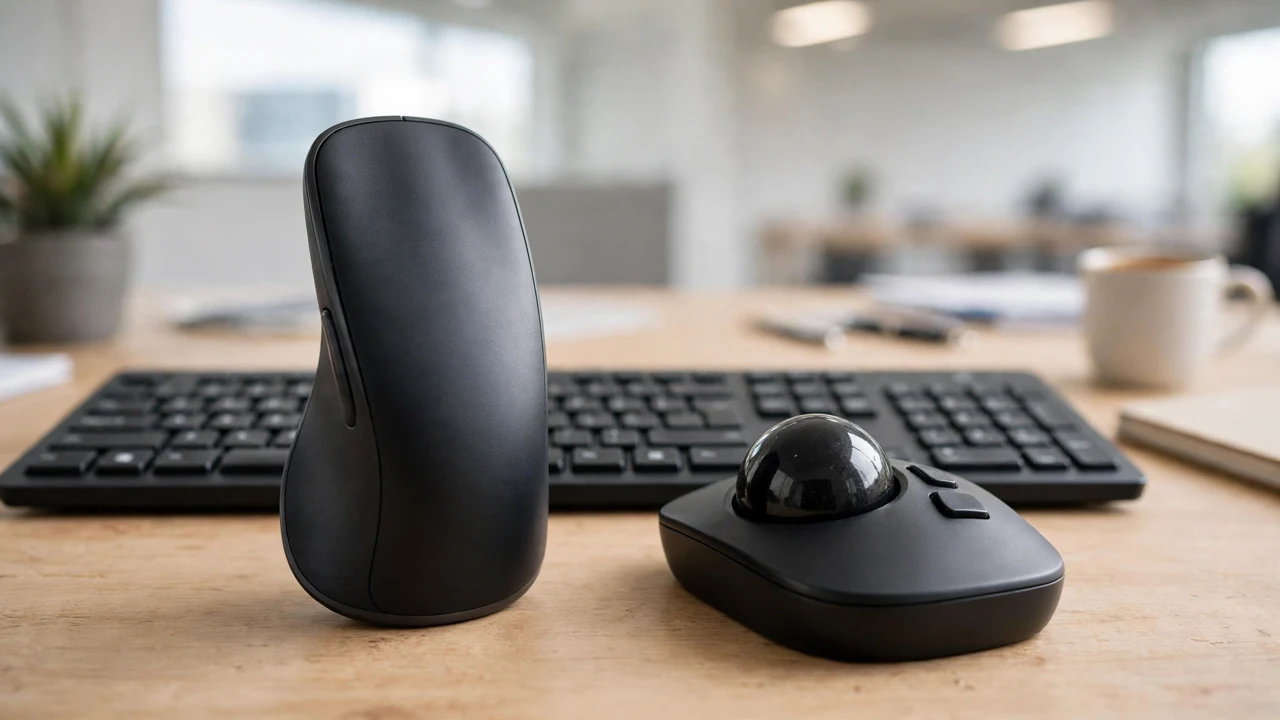 Vertical ergonomic mouse and a trackball mouse side by side on a desk