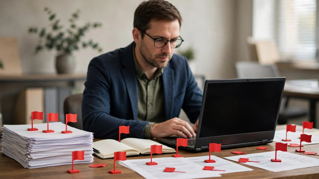 Auditor reviewing flagged compliance findings at a desk