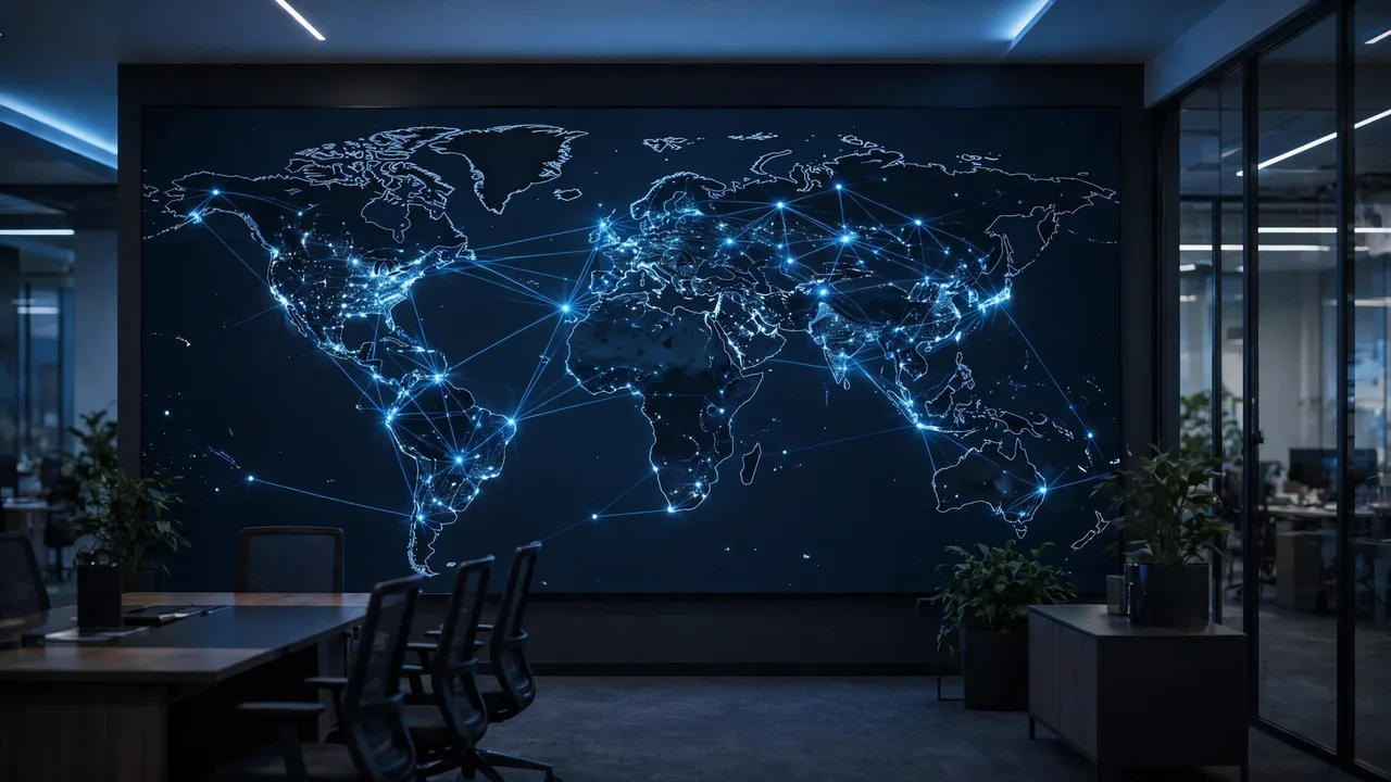 A world map on a finance dashboard with connected company locations across countries