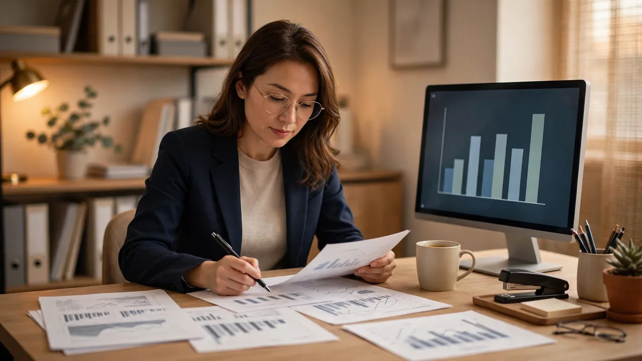 A tax professional reviewing printed reports beside a screen of charts