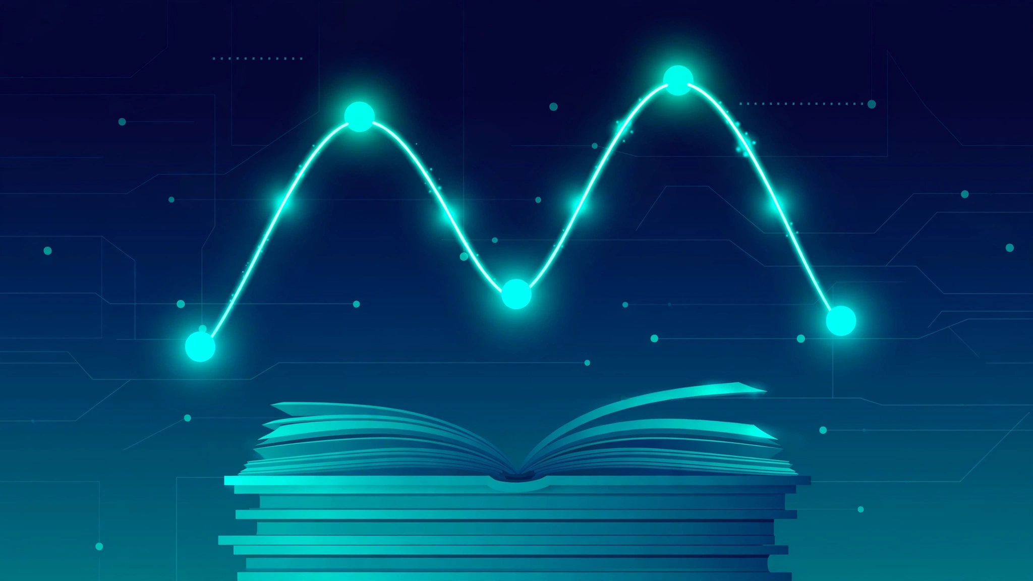 A glowing story arc chart with milestone points over book pages