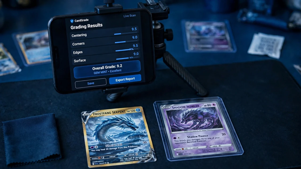 Smartphone on a tripod photographing a trading card while a grading app shows centering, corners, edges and surface scores