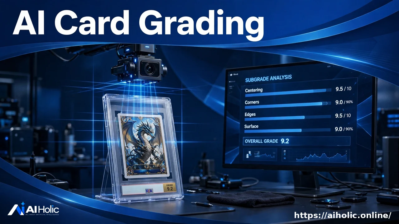 Graded trading card in a clear slab under a scanning camera with subgrade scores on a monitor under the headline AI Card Grading