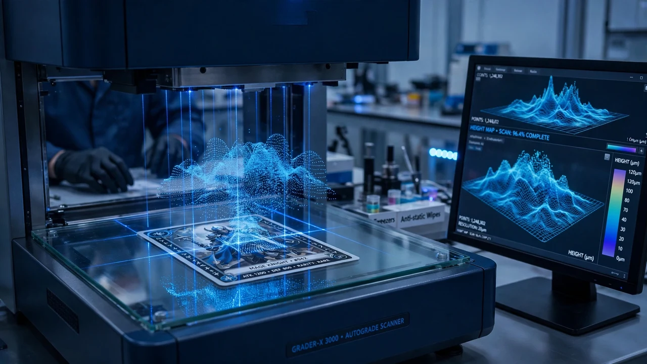 Industrial grading machine scanning a trading card with a blue 3D height map on a monitor