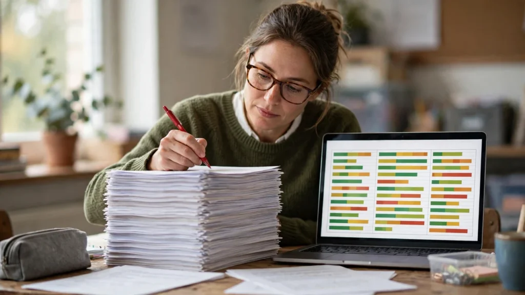 AI College Essay Reviewer: What It Checks, How Accurate It Is, and Which Tool Fits You 2 Teacher grading a stack of essays with an AI rubric tool on a laptop