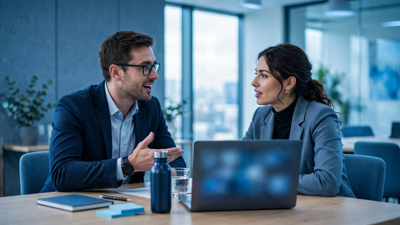 A consultant presenting a business case to a client in a meeting room