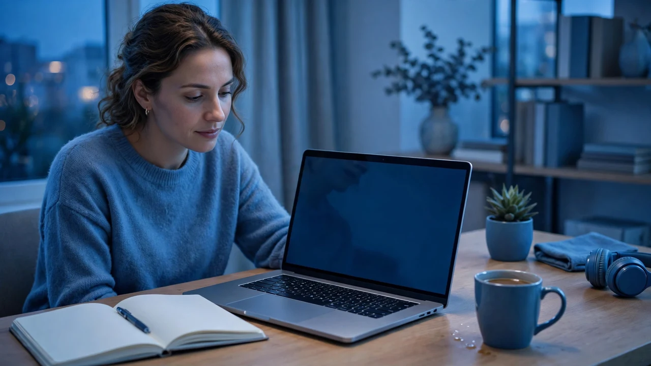 A professional studying online course materials on a laptop at home