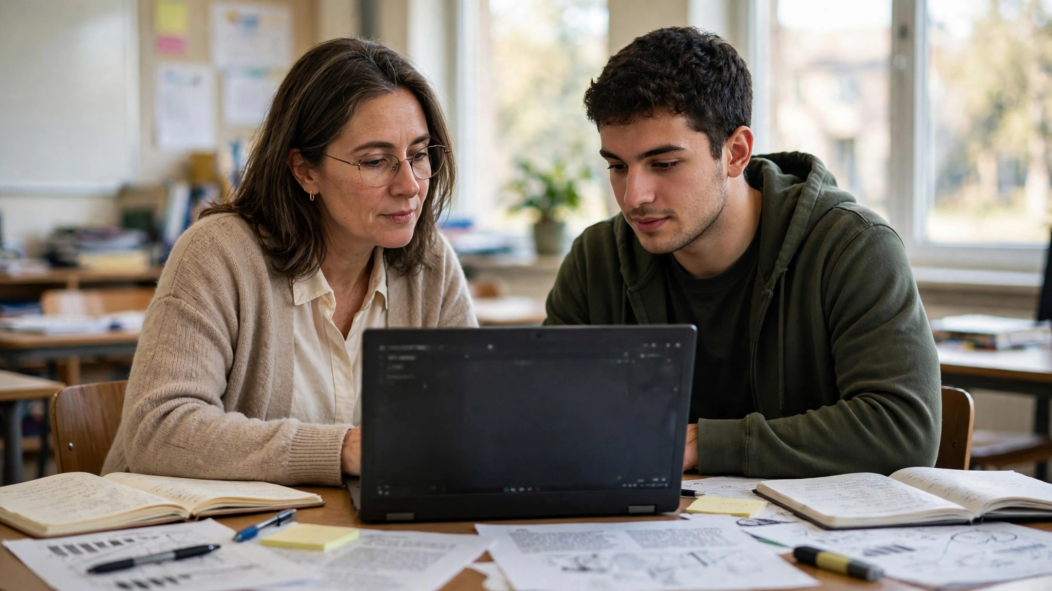 Teacher and student reviewing a laptop together in a classroom
