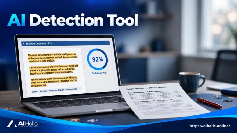 Laptop scanning a document for AI patterns with a 92 percent score under the headline AI Detection Tool