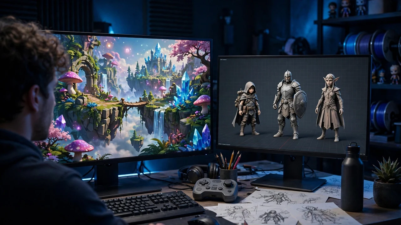 3D artist reviewing a generated game environment on a monitor