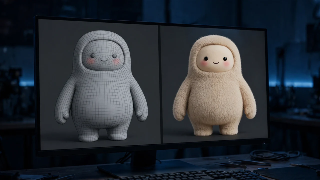 Wireframe and textured versions of a generated 3D character side by side