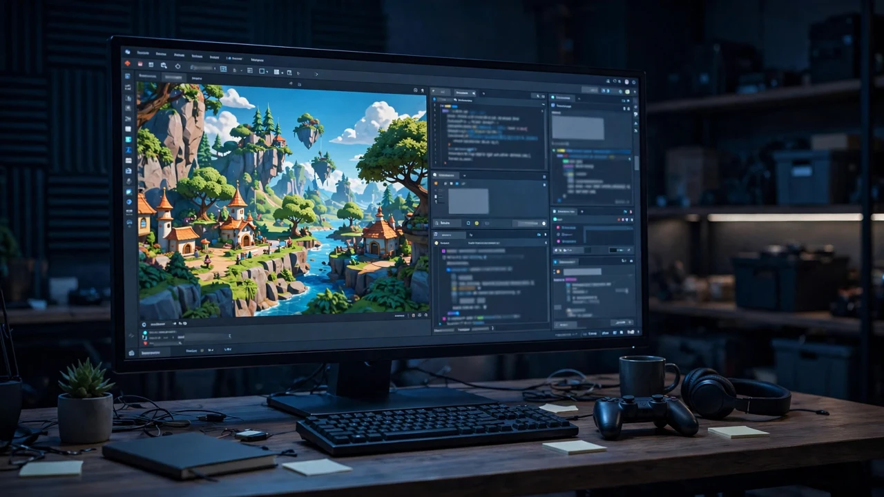 AI for Game Development Unreal Engine 5 News 2026: Epic's AI Pivot Explained 2 Game engine editor on a monitor with code and a 3D level viewport