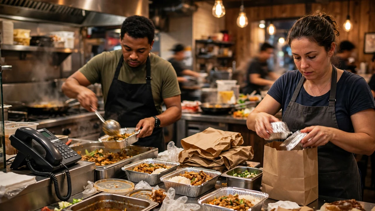 A busy takeaway counter with staff packing orders during a rush