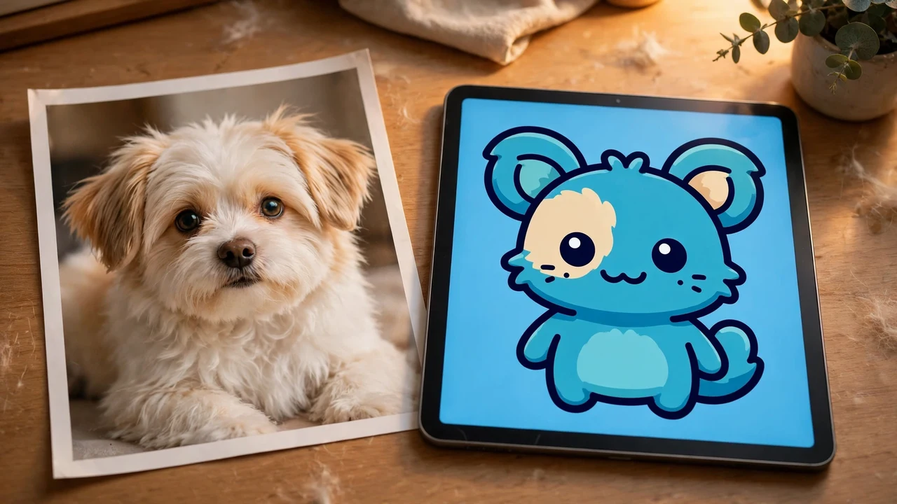 AI Pokemon Generator: Turn a Photo or Idea into a Creature 2 A pet photo beside the cartoon creature the AI redesigned from it