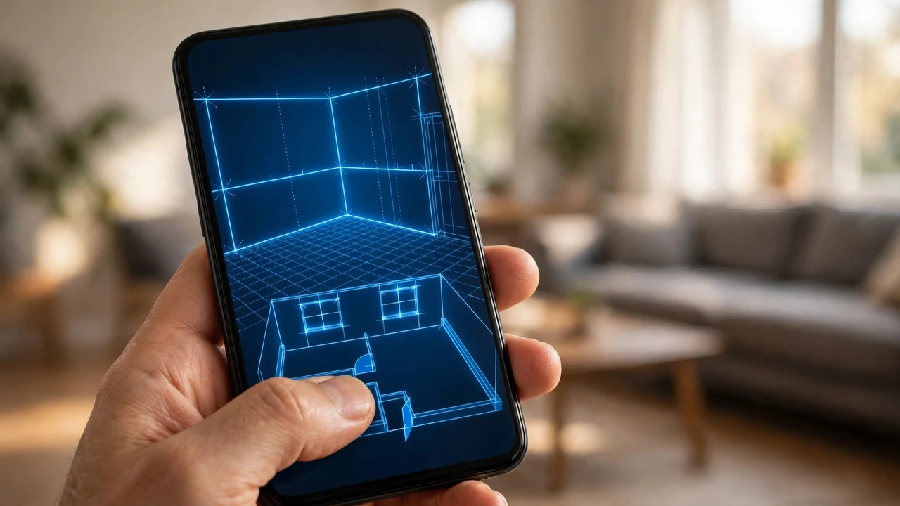 A hand holding a phone that scans a living room and builds a floor plan with wall measurements