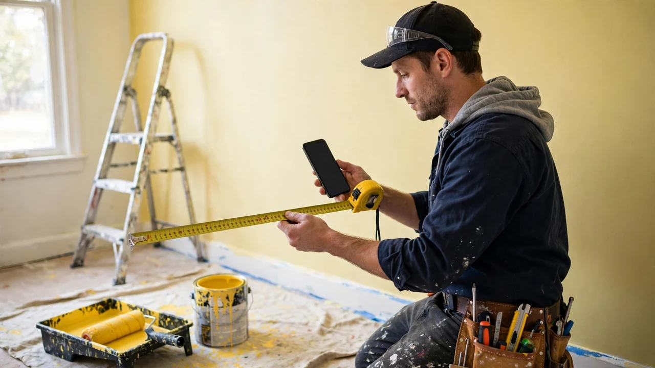 A painting contractor checking a wall with a tape measure while holding a phone estimate