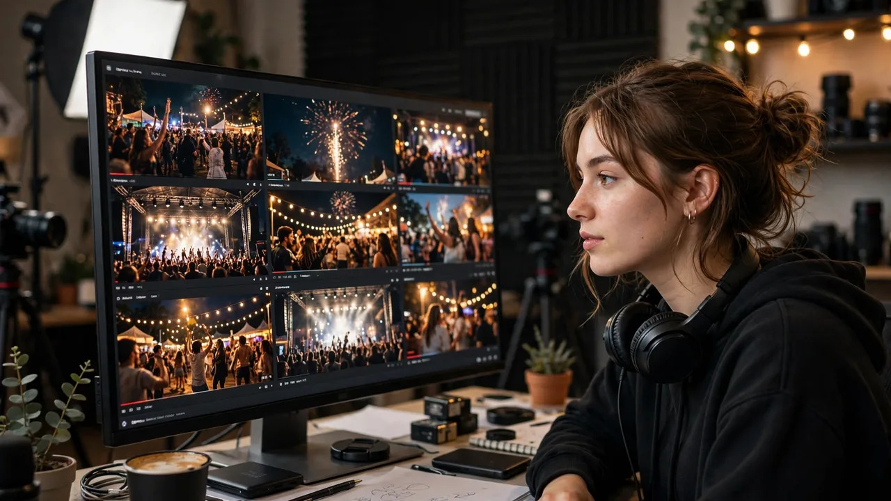 A creator reviewing a fast-paced highlight reel on a monitor in a studio