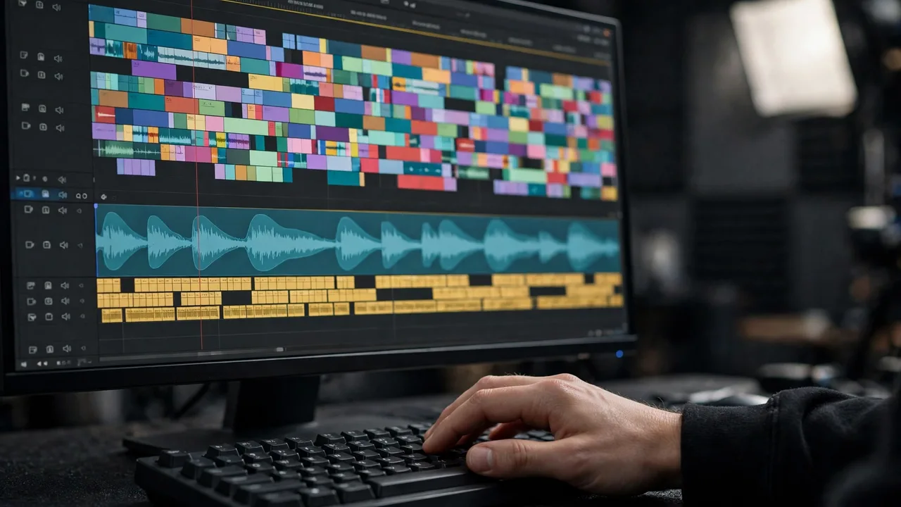A video editor timeline filled with fast cuts, music waveforms and captions