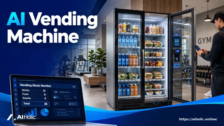 AI smart cooler vending machine with open glass door in a gym under the headline AI Vending Machine