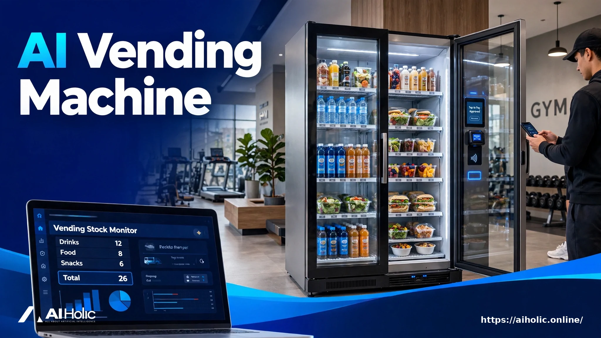 AI smart cooler vending machine with open glass door in a gym under the headline AI Vending Machine