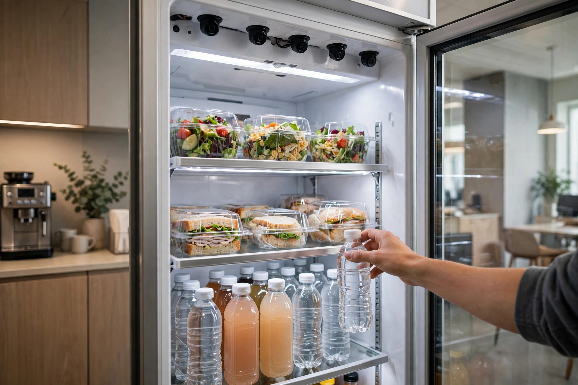 AI Vending Machine: How Smart Coolers Work, What They Cost, and What Operators Earn 2 Inside an AI smart cooler with drinks and fresh food on shelves and cameras above