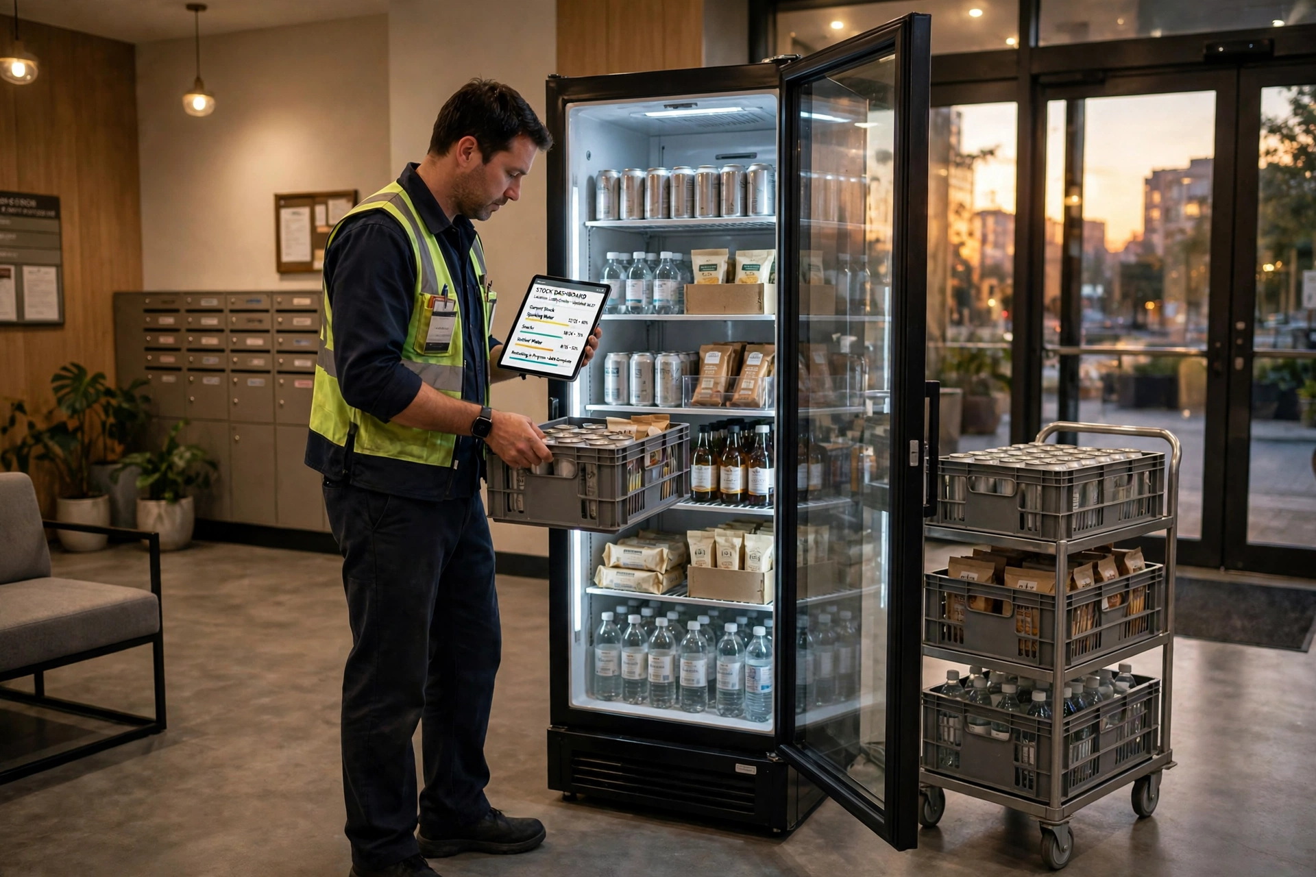 AI Vending Machine: How Smart Coolers Work, What They Cost, and What Operators Earn 3 Operator restocking an AI smart cooler in an apartment lobby with a tablet