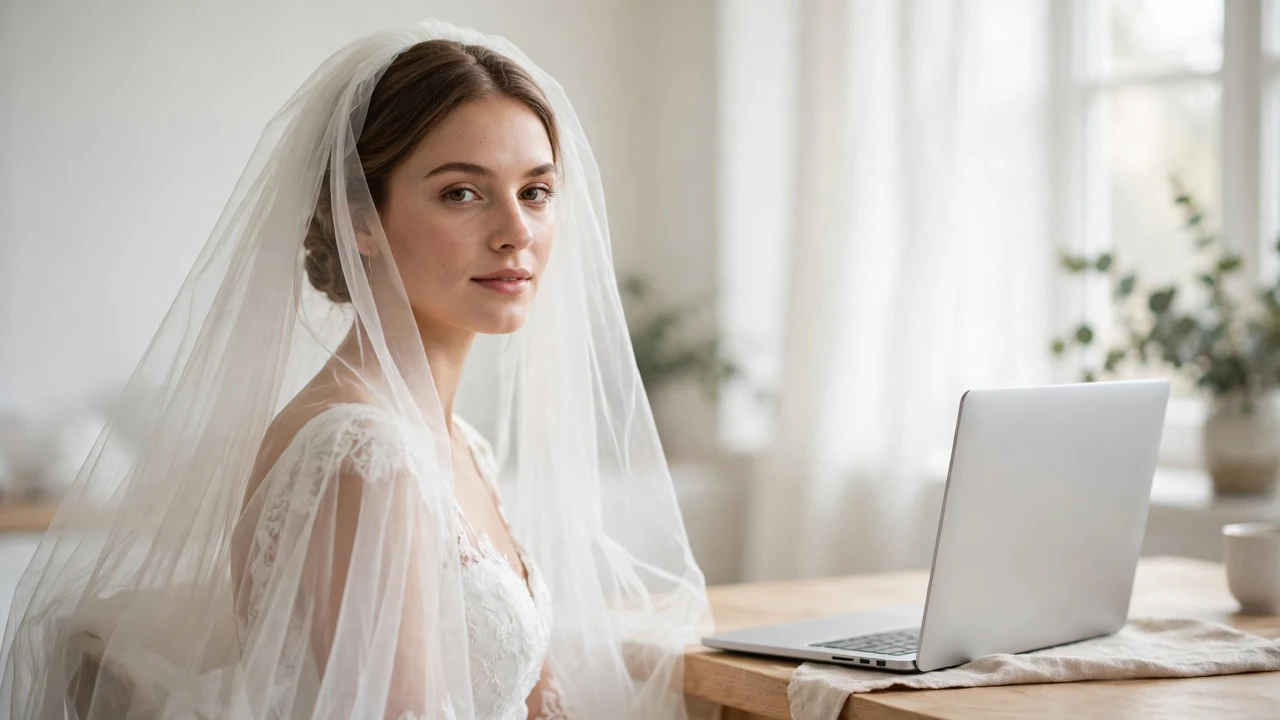 Bride portrait with a long veil beside a laptop
