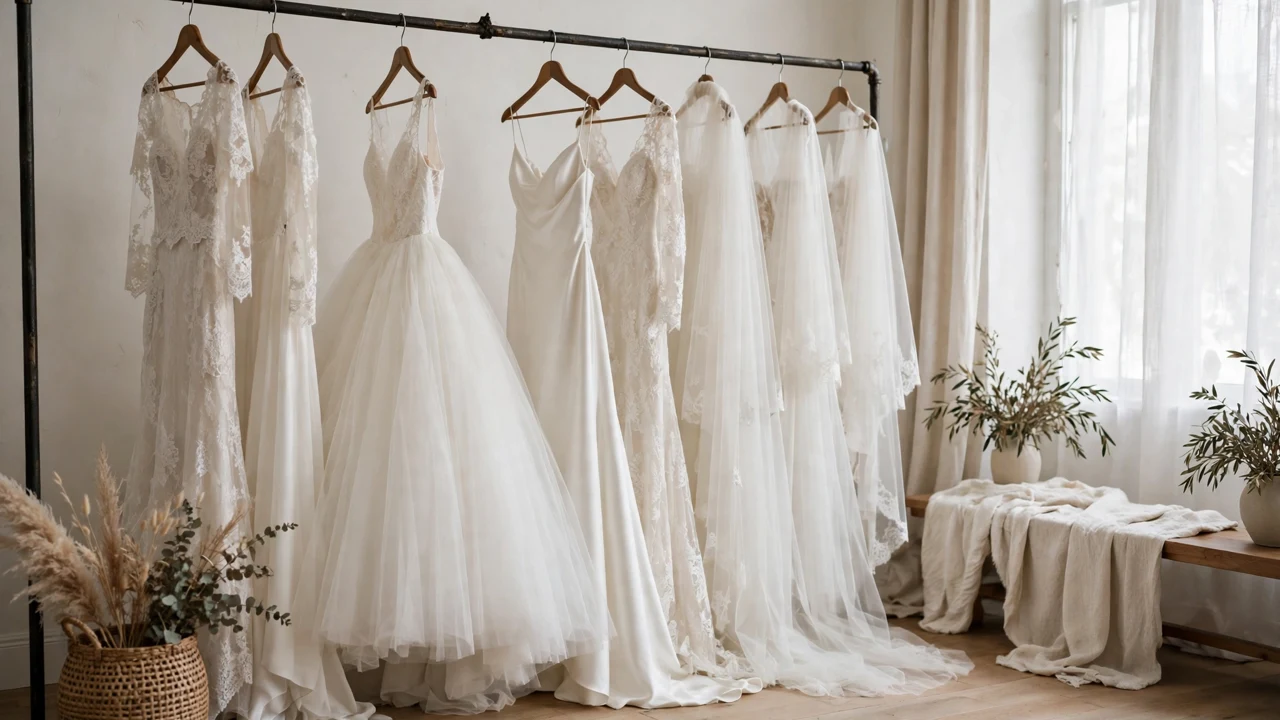 Wedding dresses and veils on a rail in a bridal studio