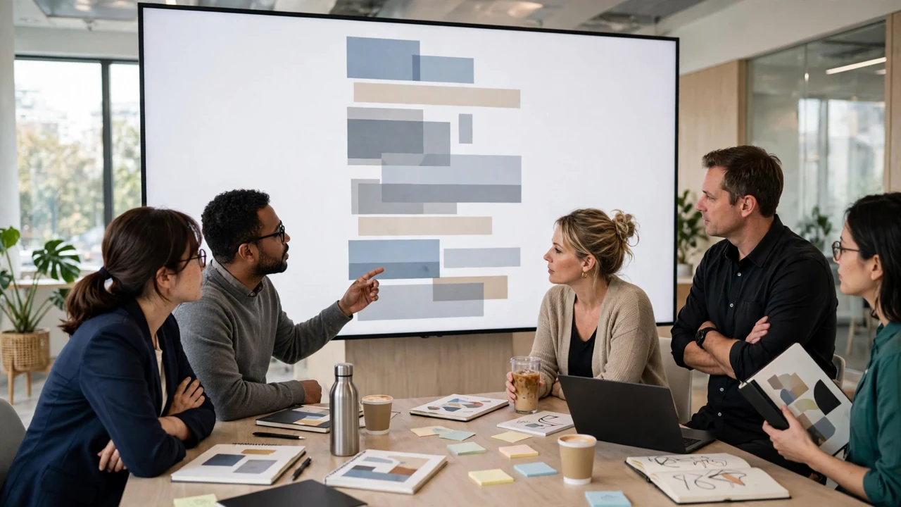 Bid team reviewing a proposal document on a large screen