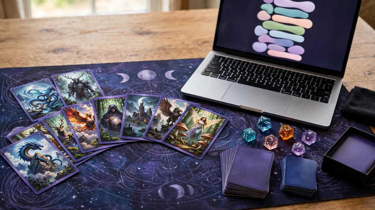 Trading cards fanned out beside a laptop showing a deck list