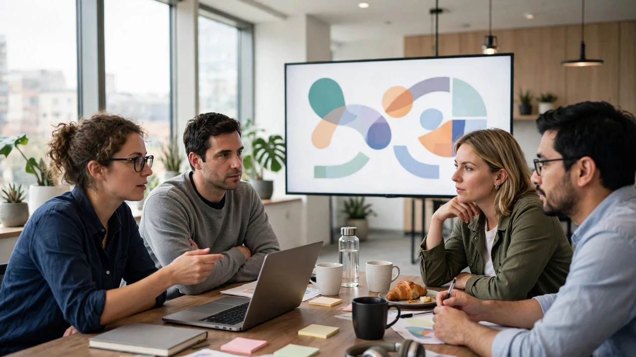 Research team discussing model results around a table