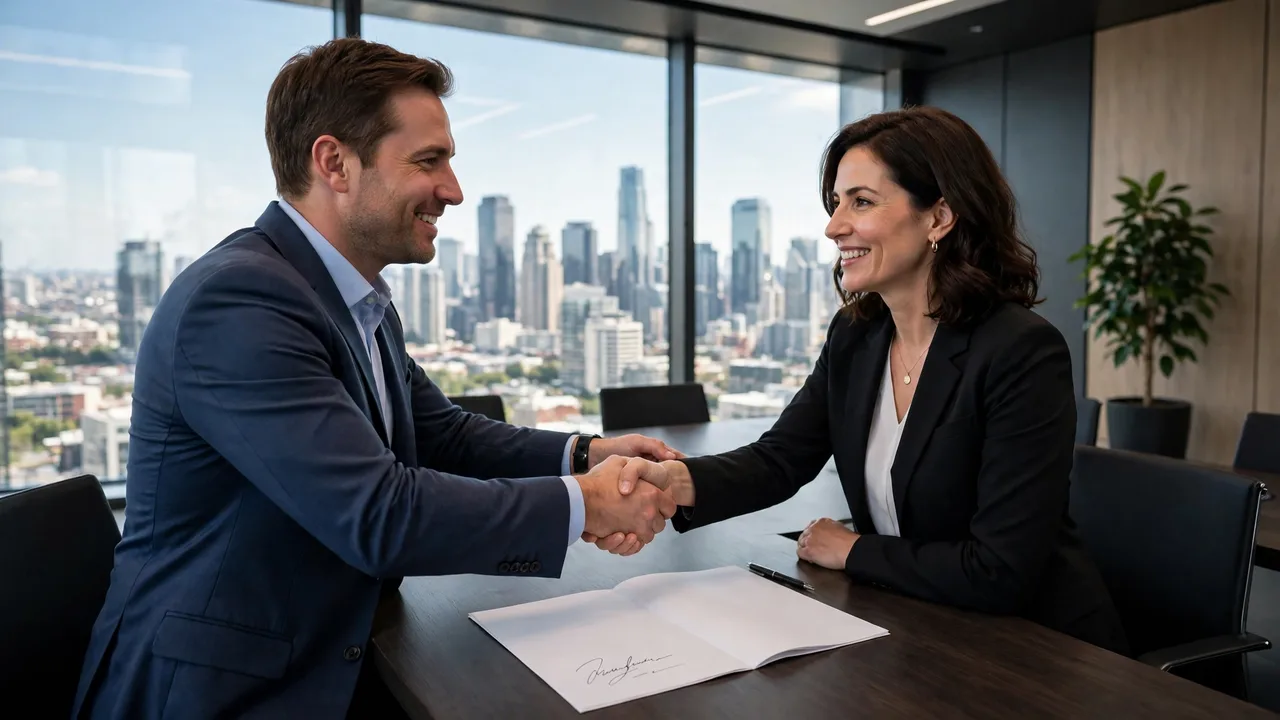 Celestial AI Stock: Why There Is No Ticker to Buy 3 Two executives shaking hands in a boardroom over an acquisition agreement