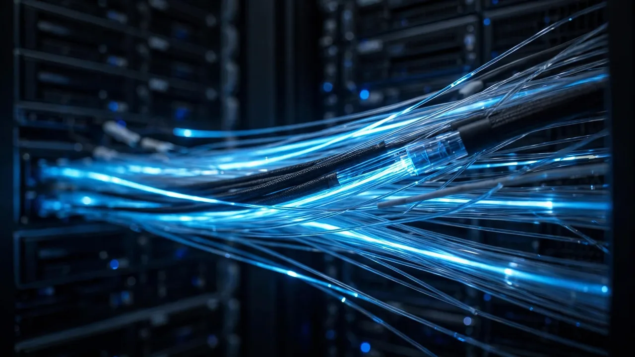 Celestial AI Stock: Why There Is No Ticker to Buy 2 Glowing optical fibers carrying light between server racks in an AI data center