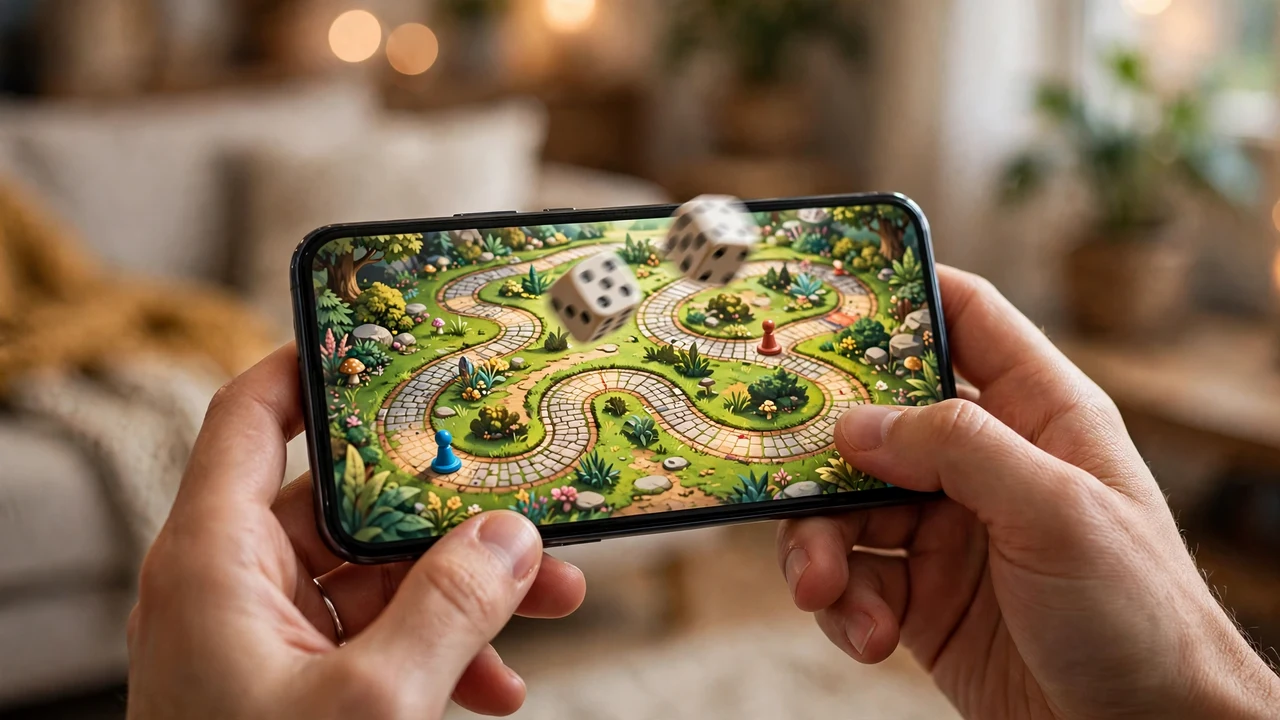 Player rolling dice in a colourful mobile board game