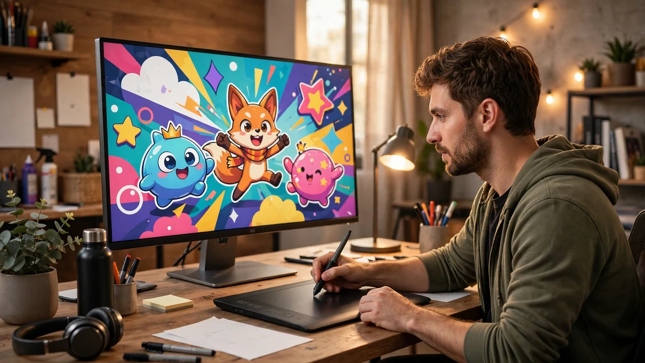 Mobile game marketing art being prepared on a designer's screen