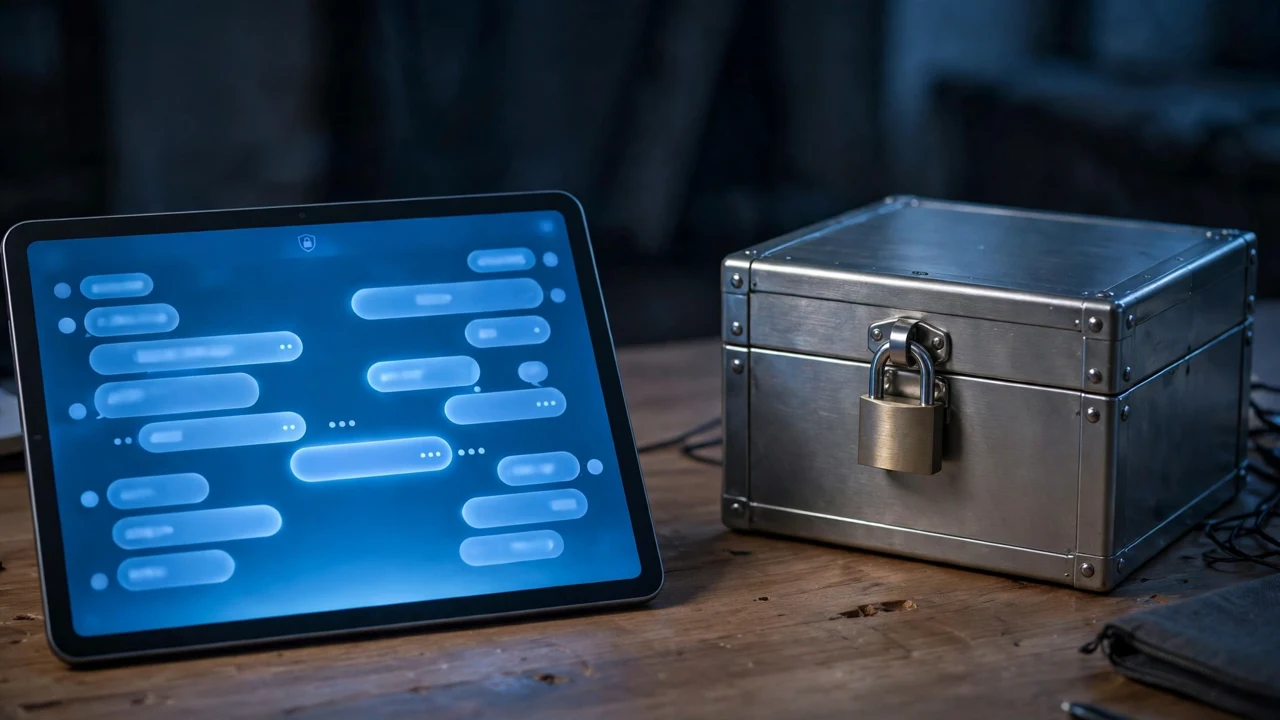 A private AI chat assistant window beside an encrypted file vault