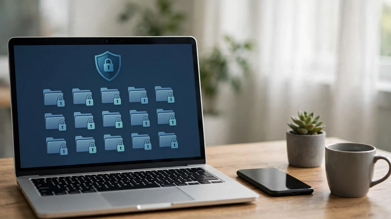 An encrypted cloud storage dashboard on a laptop screen