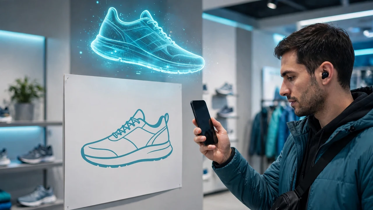 A shopper scanning a print ad with a phone as a 3D product rises from the page