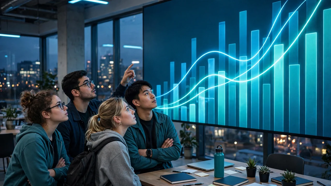 A startup team reviewing growth charts and funding milestones on a wall screen