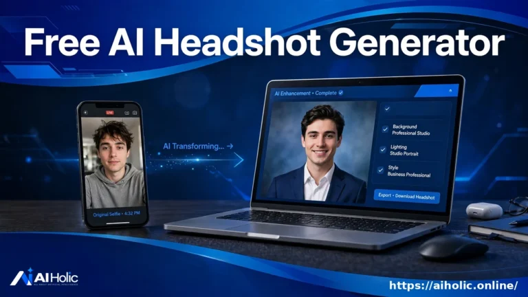 Smartphone selfie transforming into a professional headshot on a laptop under the headline Free AI Headshot Generator.