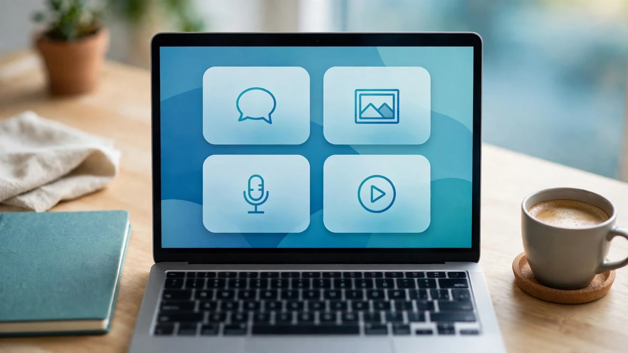 Free Multimodal AI Learning Resources 2026: Courses That Cost Nothing 2 A learner at a laptop with course modules on text, image and voice shown as cards