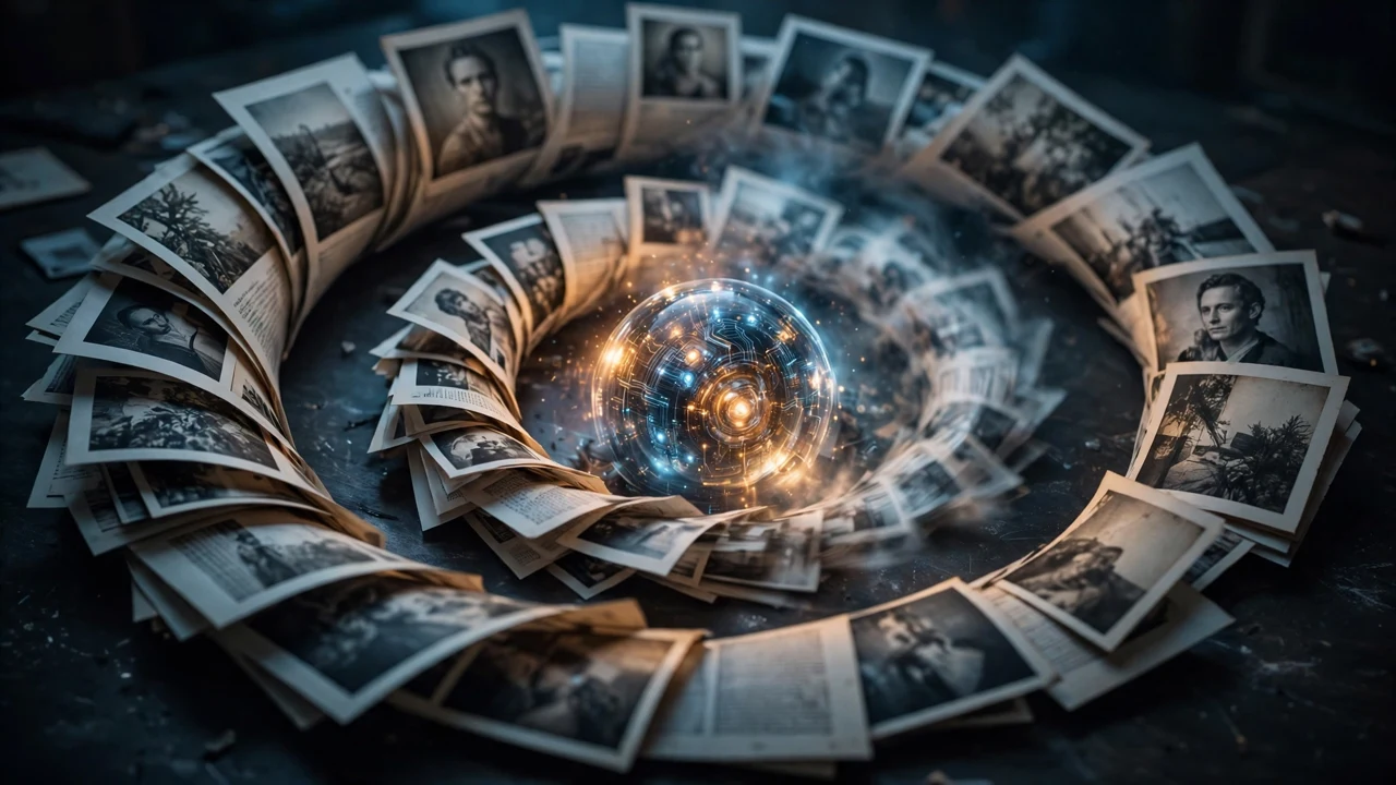 Pages feeding back into an AI model, fading like copies of copies