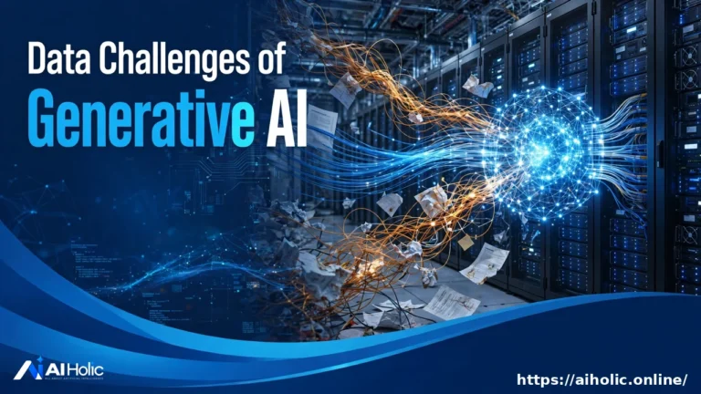 Messy data streams flowing into an AI model core in a data center