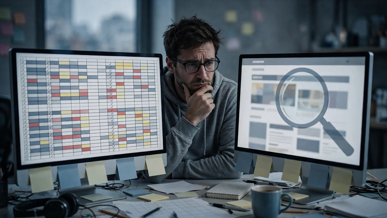 A data engineer reviewing a messy training dataset on two monitors