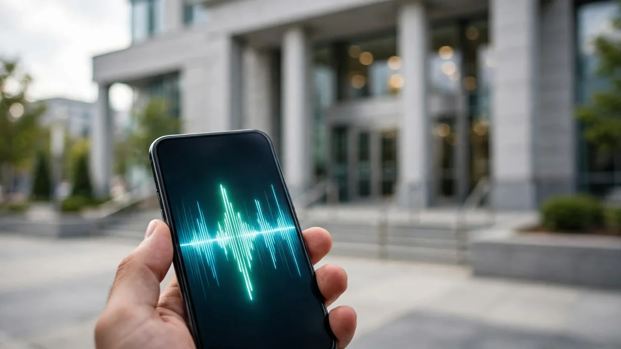 A courthouse building with a smartphone in the foreground showing a voice waveform