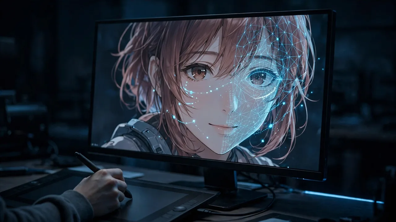 An anime game character on a studio monitor with a subtle digital wireframe overlay on the face