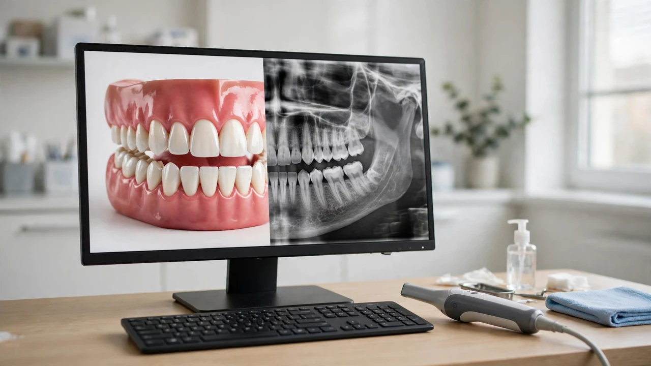 Medit i900 AI Features: Scan Assistance, Realtime Intelligence and AuraVue 3 A dental monitor showing a 3D tooth scan beside a dental X-ray